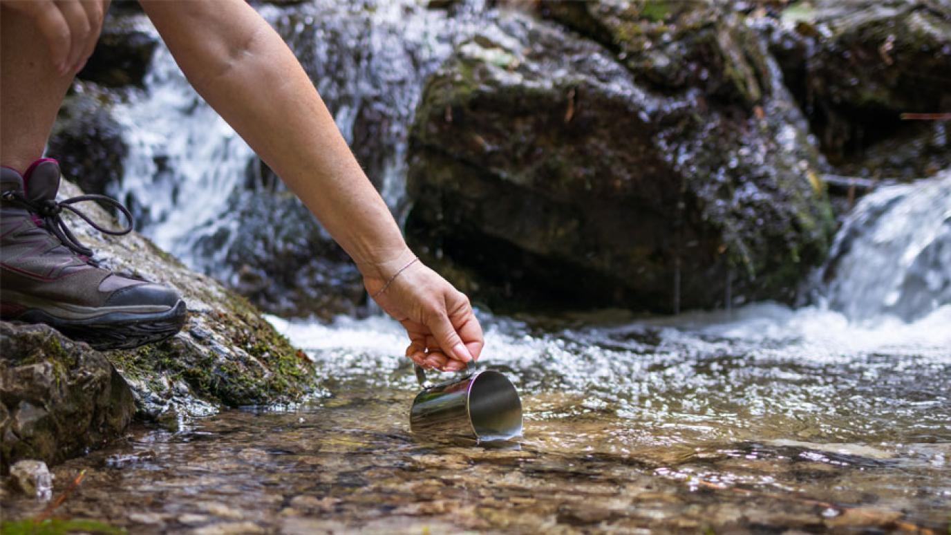 Thirsty hiker scoops fresh water into cup from stream