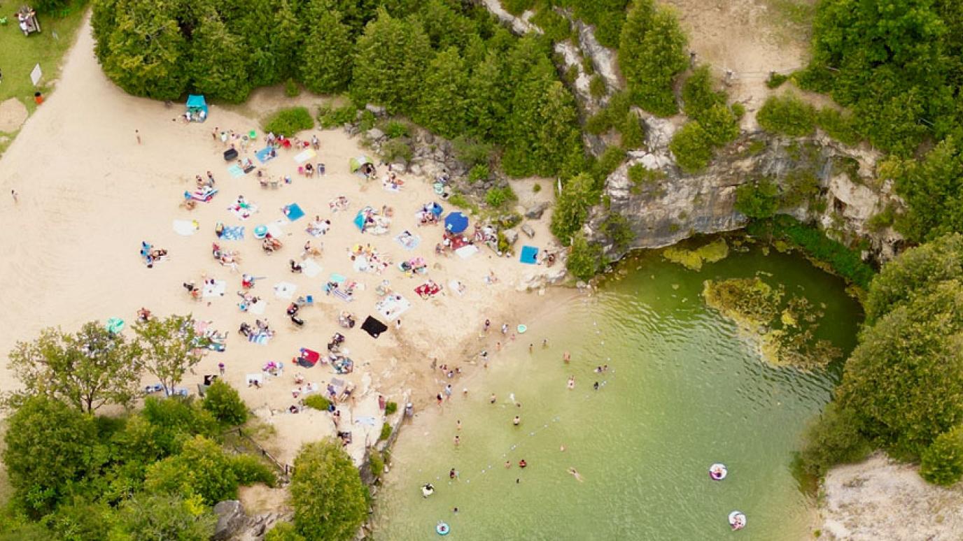 Aerial view of the Grand River just beside Elora Quarry
