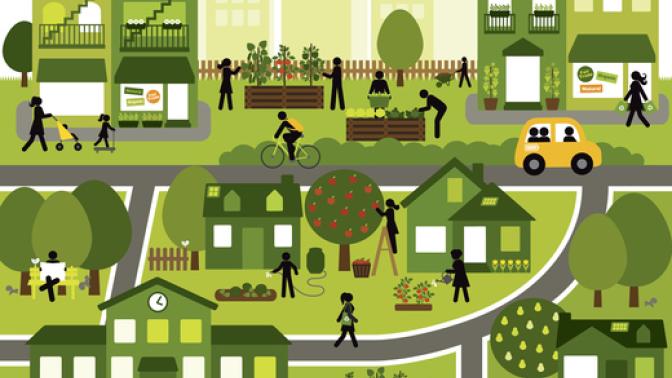 Illustration of a city with a number of residents doing a variety of outdoor activities 
