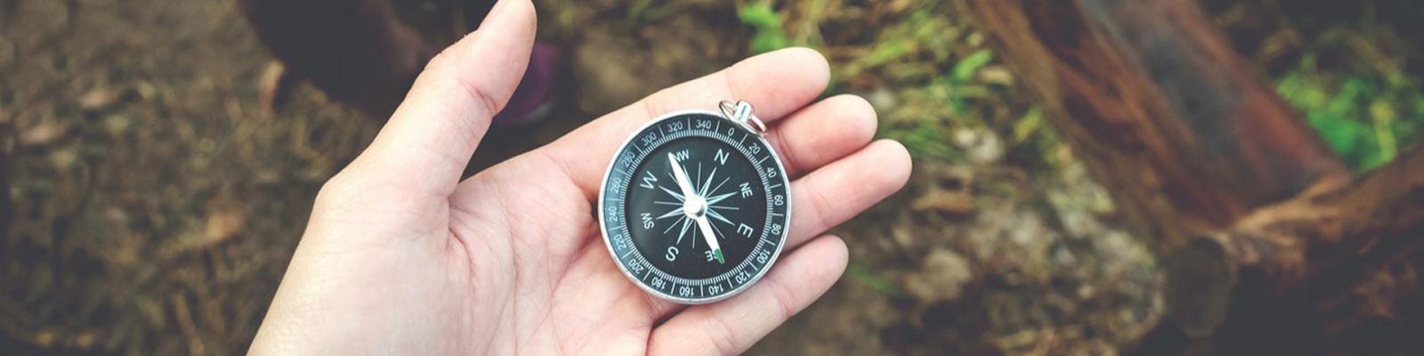Hand holding a compass on a forest hike