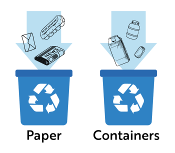 Two illustrated blue boxes showing paper items in one and containers in the other